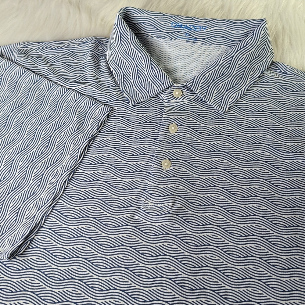 Draddy Polo Shirt Mens XL Navy Blue Wave Print Performance Short Sleeve Golf